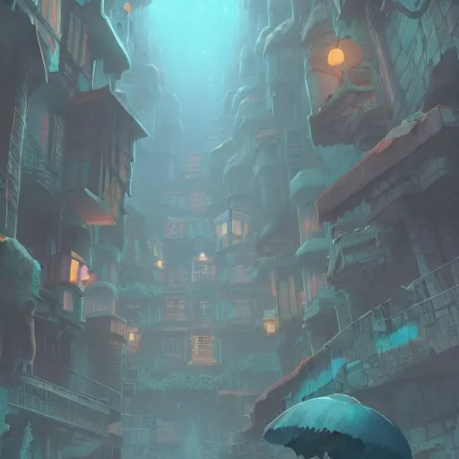 Prompt: a beautiful forgotten city in the everdark cavern by studio ghibli, Makoto Shinkai, beeple, artgerm and Atey Ghailan, Goro Fujita, 4K, highly detailed, ((vibrant but dreary misty brown, blue and black color scheme))