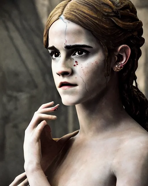 Image similar to portrait of a white marble statue adorned with silver and diamonds of emma watson in mad max, photo by studio ghibli, beautiful, cute, anime artstyle, amazing lighting