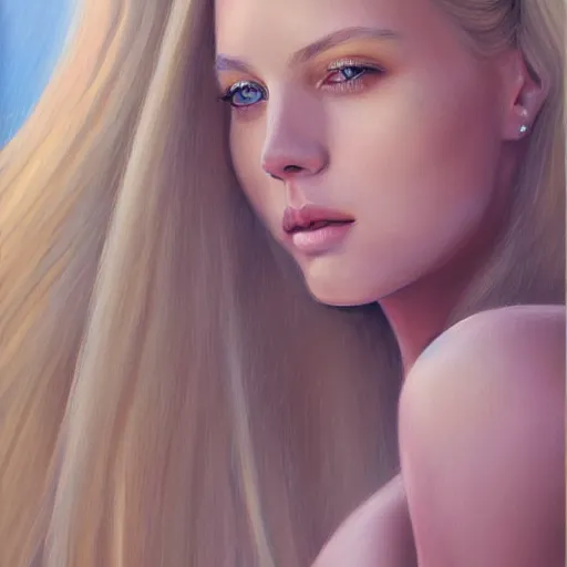 Image similar to a painting of a woman with long blonde hair, a photorealistic painting by magali villeneuve, featured on cgsociety, fantasy art, detailed painting, photorealistic