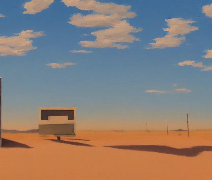 Prompt: a very detailed painting of one billboard in the empty desert, baby blue sky with very aesthetic stylized clouds, in the style of edward hopper, very small brushstrokes, 4 k,