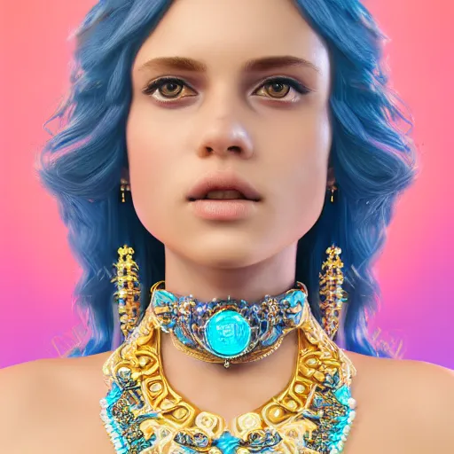 Prompt: portrait of pretty princess with perfect skin, glowing, ornate and intricate blue jewelry, jaw dropping beauty, glowing background lighting, white accent lighting, hyper detailed, 4 k octane render