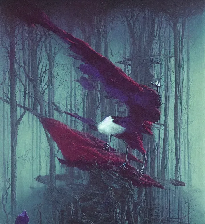 Prompt: robotic android white raven bird in the deep forest red and purple palette, volume light, fog, by caspar david friedrich by ( h. r. giger ) and paul lehr