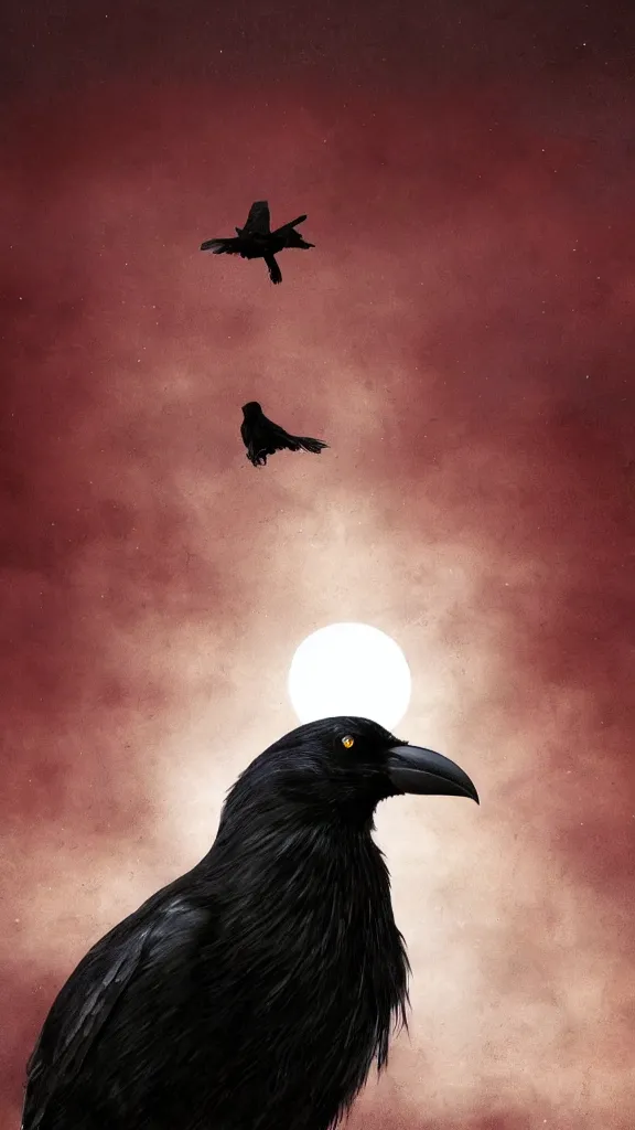 Image similar to portrait, a crow in front of the full big moon, book cover, red white and black colors, establishing shot, extremly high detail, foto realistic, cinematic lighting, by Yoshitaka Amano, Ruan Jia, Kentaro Miura, Artgerm, post processed, concept art, artstation, matte painting, style by eddie mendoza, raphael lacoste, alex ross