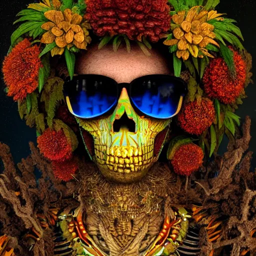 Image similar to a golden skull face african marijuanna shaman with an afro made of flowers, third eye art art by machina infinitum, complexity from simplicity, rendered in octane, mandelbulb 3 d, ambient occlusion, macro photography, felt!!! texture, tribal, neon! retrowave