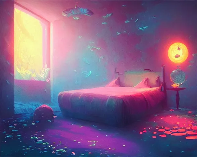 Prompt: underwater bedroom in a fantasy whimsical dreamscape, sparkling, bubbles, radiant light, coral reef, sea blooms, fantasy art by alena aenami and greg rutkowski