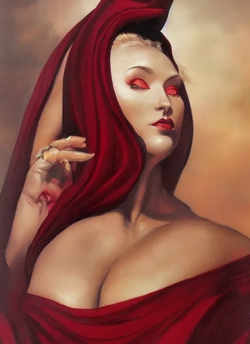 Image similar to portrait of plump norse goddess of the moon, maroon and black robe and veil, strong line, deep color, beautiful! coherent! by boris vallejo