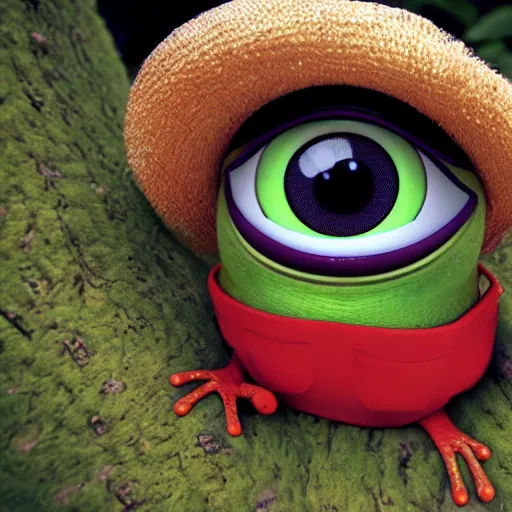 Image similar to baby pepe the frog wearing a tiny sombrero, holding maracas, large eyes, sitting on a log, pixar, disney, dynamic lighting, bokeh