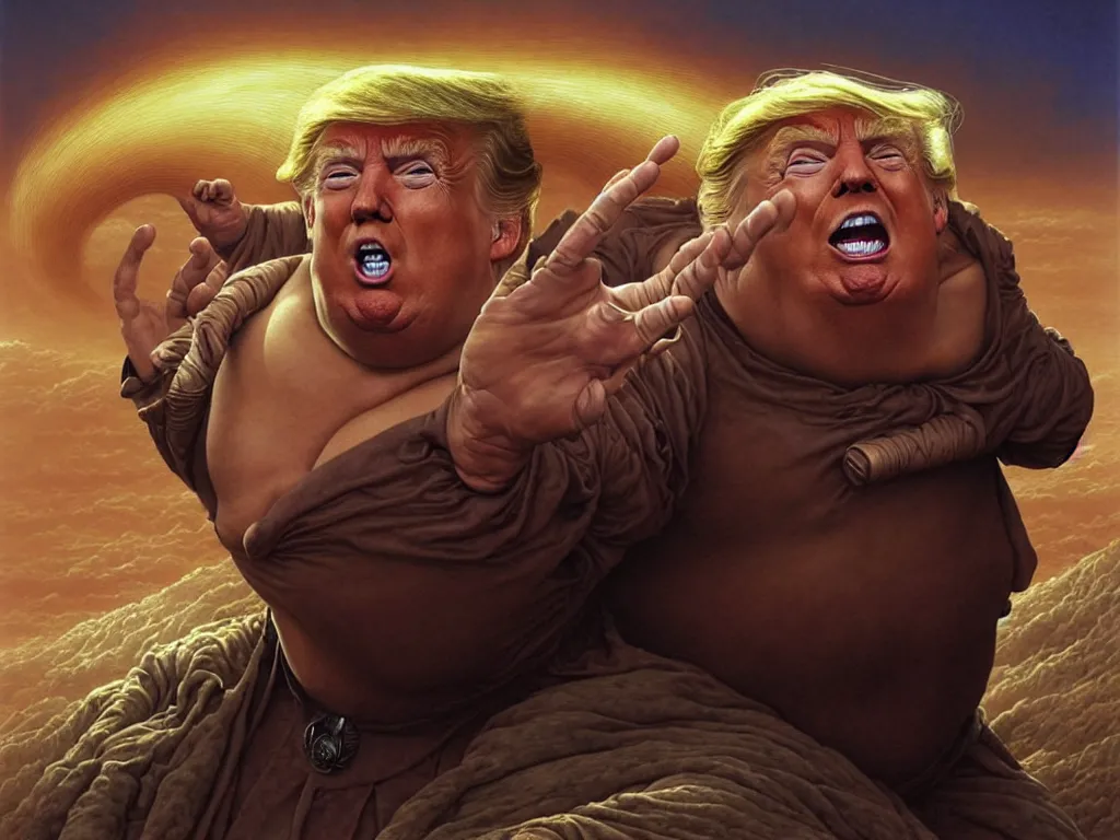 Prompt: Donald trump playing baron harkonnen in Dune, highly detailed realistic painting by Tomasz Alen Kopera and hajime sorayama and carl spitzweg