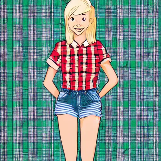 Image similar to perfectly symmetrical young blonde haired girl grinning, wearing cuffed jean shorts and a plaid shirt, black and white cartoon art, extremely fine thick black lines