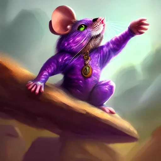 Image similar to mouse warrior reaching for a floating purple crystal with the other, Digital Oil Painting, trending on Artstation, highly detailed, 8k, UHD