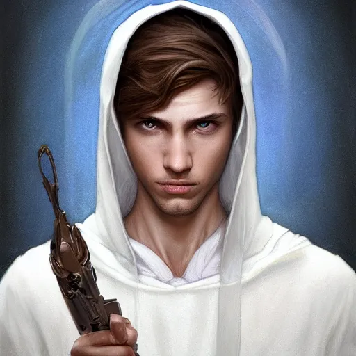 Image similar to ultra realistic illustration, a young man in a white hood, with brown hair, with blue eyes, intricate, elegant, highly detailed, digital painting, artstation, concept art, smooth, sharp focus, illustration, art by artgerm and greg rutkowski and alphonse mucha