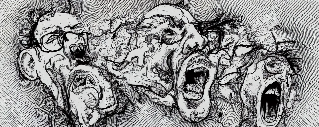 Image similar to portrait of a mad man screaming and melting in style of josan gonzales and Salvador Dali,