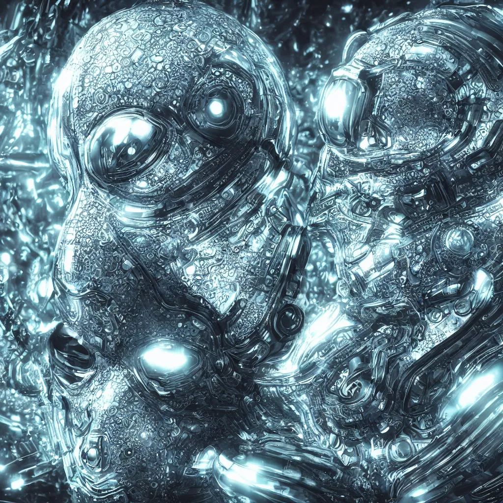 Image similar to an insanely detailed cibernetic artwork of a futuristic artificial intelligence superstar, extremely detailed water texture, centered image, perfectly symmetrical alien face, with frames made of detailed fractals, octane render, 4k, insanely detailed, detailed grid as background, cgi