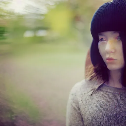 Image similar to , a girl poses for a photographer who is a robot, 5 0 mm lens, f 1. 4, sharp focus, ethereal, emotionally evoking, head in focus, volumetric lighting, blur dreamy outdoor,