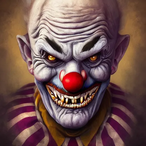 Prompt: digital painting of a wrinkled old scary clown by filipe pagliuso and justin gerard, symmetric, fantasy, highly, detailed, realistic, intricate