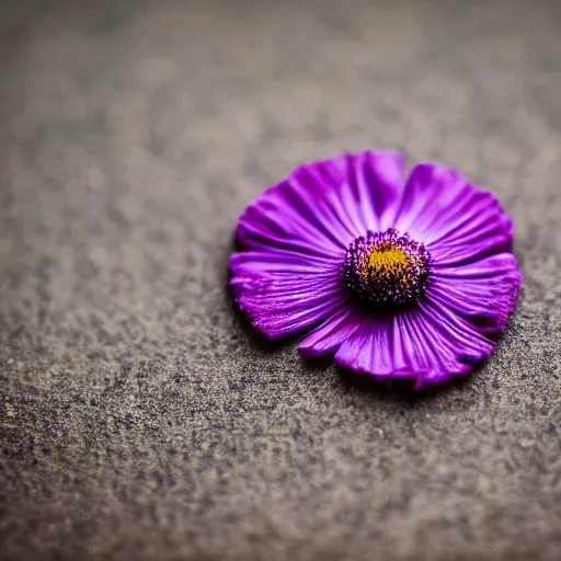 Prompt: closeup photo of single purple camomile's petal flying above a soviet city, aerial view, shallow depth of field, cinematic, 8 0 mm, f 1. 8