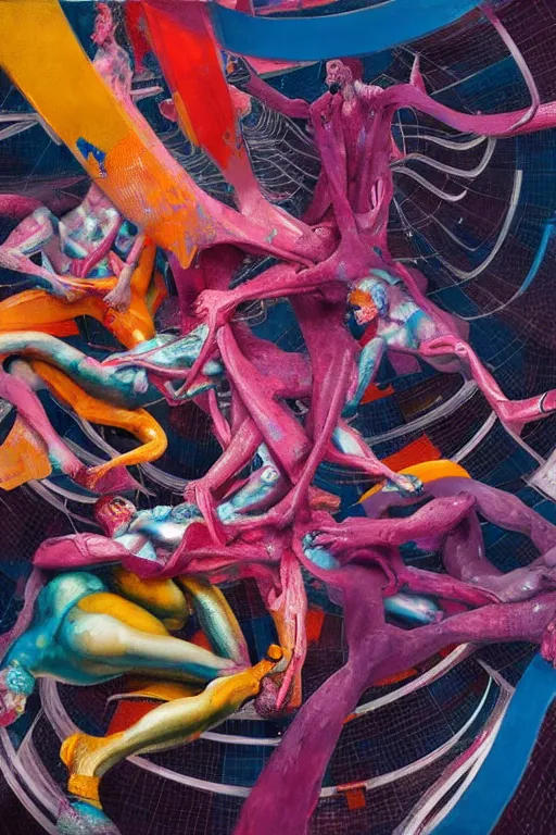 Prompt: # # human bodies entwined # # in a fight inside a vibrant, brutalist space ship, extremely intricate and detailed, by painted by francis bacon, adrian ghenie, and james jean. 8 k cinematic lighting, hyper realism