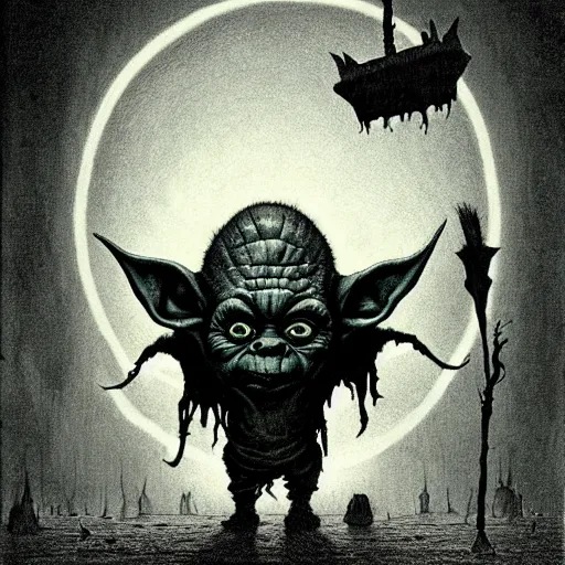 Image similar to horror goblin yoda, black blood dripping, creepy background, by john kenn mortensen and zdizslaw beksinski