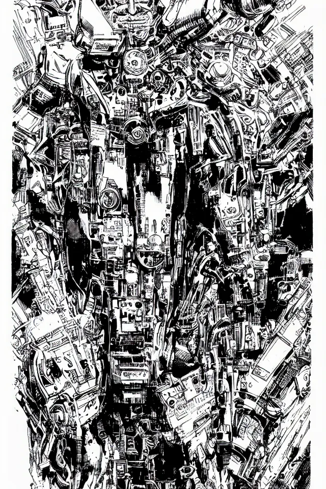 Prompt: comic book illustration, portrait of Machine Man, concept art by Barry Windsor-Smith, highly detailed, intricate, sci-fi, sharp focus, Trending on Artstation HQ, deviantart