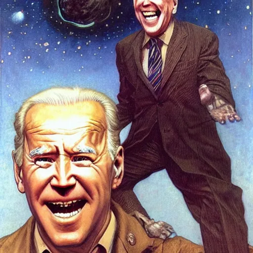 Image similar to terrifying joe biden creating the universe ab nihilio, perfectly clear face, by j. c. leyendecker and beksinski