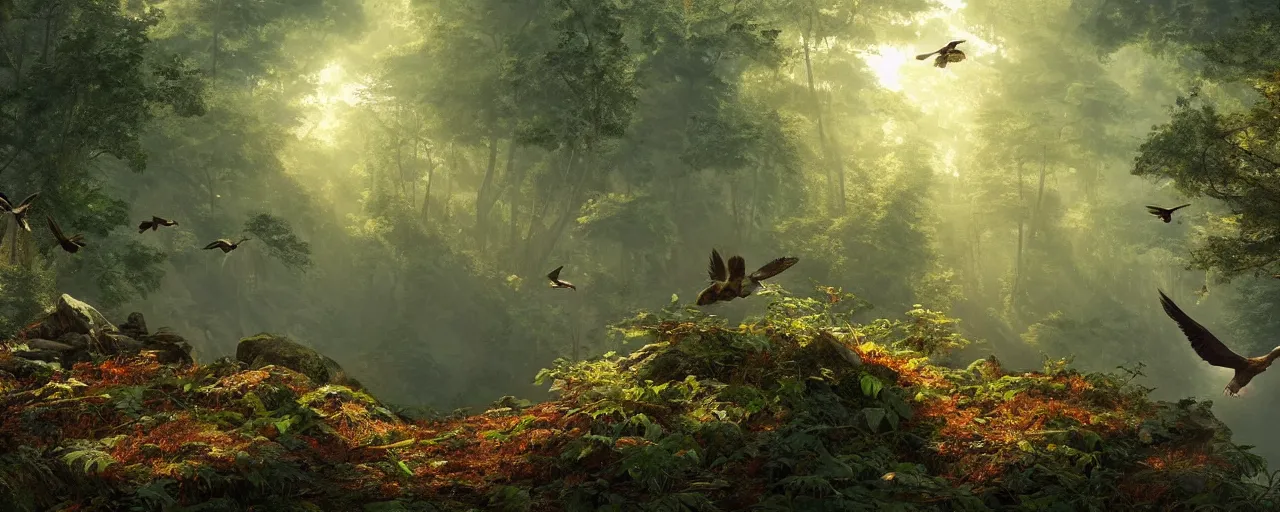 Image similar to birds flying in the forrest, beautiful dynamic lighting, cinematic, wide angle establishing shot, extremely high detail, photo realistic, cinematic lighting, post processed, concept art, artstation, matte painting, style by frederic church, raphael lacoste, unreal engine 8 k