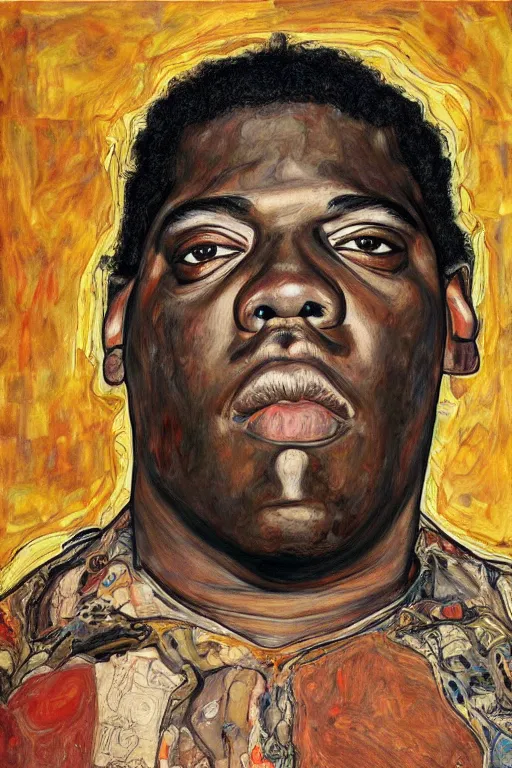 Image similar to a portrait of biggie smalls in style of egon schiele and herakut, masterpiece, hyperdetailed, complex, intricate, veiled, 4 k, 8 k, dynamic!!, trending on artstation