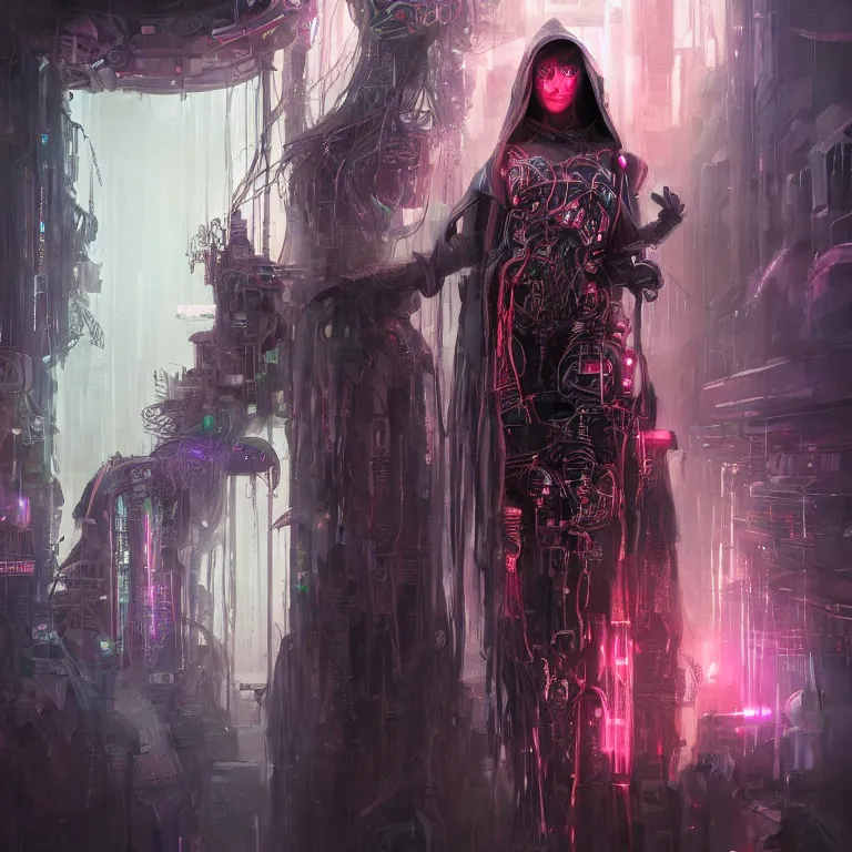 Prompt: futuristic priestess in a hooded robe full of cables and neons, cyberpunk, gothic, fantasy, science fiction, character concept art, matte painting, hyperdetailed, realistic, creepy, atmospheric, cinematic, kinemacolor