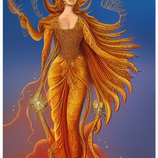 Prompt: goddess of beauty, pheonix fire, cosmic, golden dressing, golden ratio, intricate, elegant, highly detailed, pompous, 8 k, - n 4