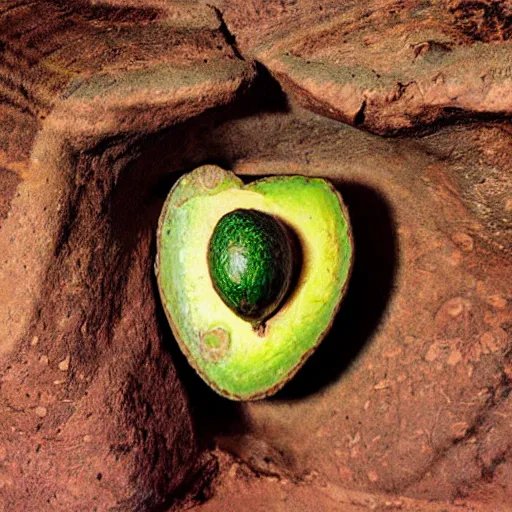 Prompt: realistic photo of a cave painting petroglyph of an avocado inside a heart, parietal art style, inside a cavern, cave painting, sepia colors