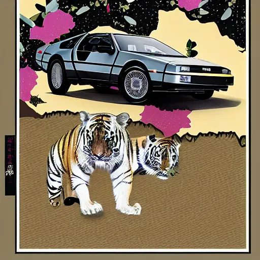 Image similar to a delorean protecting a tiger, japanese magazine collage, art by hsiao - ron cheng and utagawa kunisada