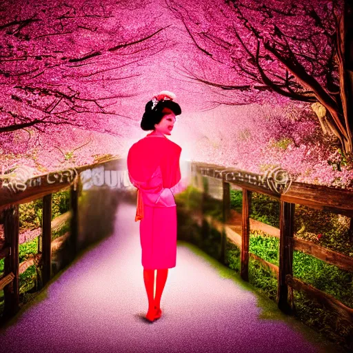 Image similar to beautiful full body portrait geisha walking on a trail through a forest of glowing cherry blossom trees with stream , beautiful face smiling, with cherry blossom in hand, ultra detail photo realistic cinematic neon lighting 4k shoot on Polaroid in 1977