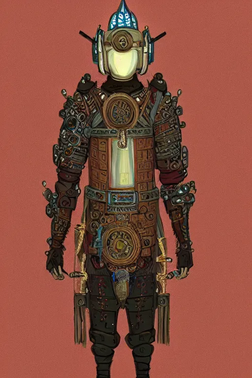 Prompt: beautiful calm bright ai generated fullbody character illustration of a medieval timetraveller highpriest in ornated wooden armor and decorated sacred outfit and heavily equipped with steampunk cyberwares. rendered by machine.delusions. inspired by: @machine.delusions on instagram. Slightly reminds to ghibli studios