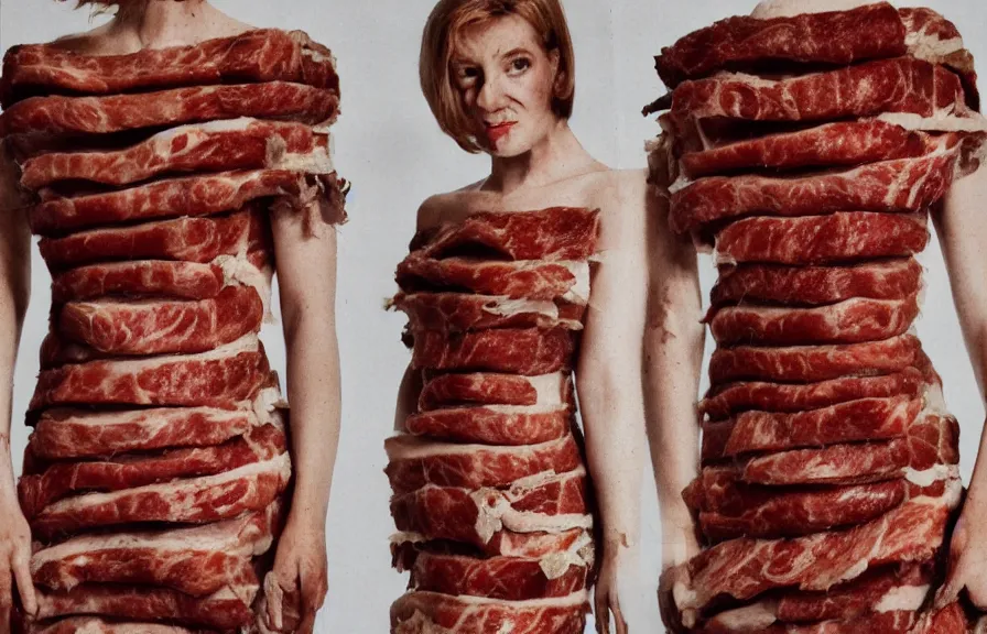 Image similar to dress made out of meat, catalogue photograph