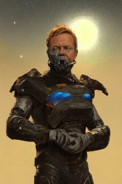 Image similar to upper body portrait of kiefer sutherland wearing old tattered dune stillsuit, nebula in the background, illustration by normal rockwell and mandy jurgens, influenced by john berkey and greg rutkowski, artstation character concept