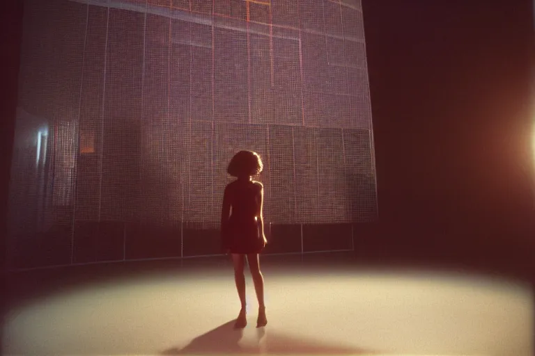 Image similar to backlit photograph of young woman standing in front of monolith radiating neutrinos in suburban living room, crisp focus, highly detailed, in roger deakins style, 3 5 mm ektachrome