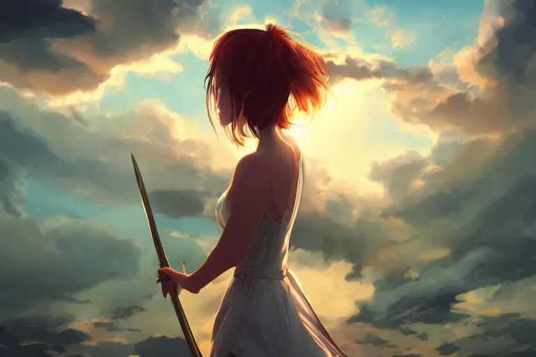 Prompt: back shot of one single beautiful girl in sundress gazing back, holding two swords, digital art by wlop. artstation contest winner, cinematic paint. lower shot. dramatic cloud in background. sunset