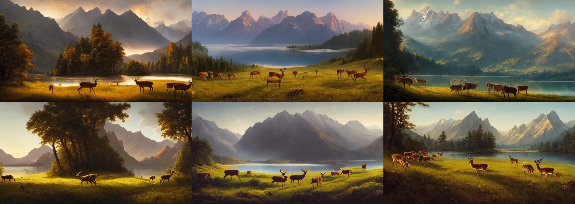 Prompt: painting of a beautiful landscape, first light, mountains, lake, lush grass, herd of deer, by noah bradley and greg rutkowski