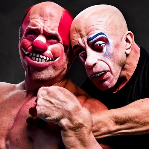 Image similar to UHD candid color photo of Joe Rogan holding Clown Arnold Schwarzenegger in a choke hold, accurate faces, UHD, photorealistic, correct faces, photo by Annie Leibowitz