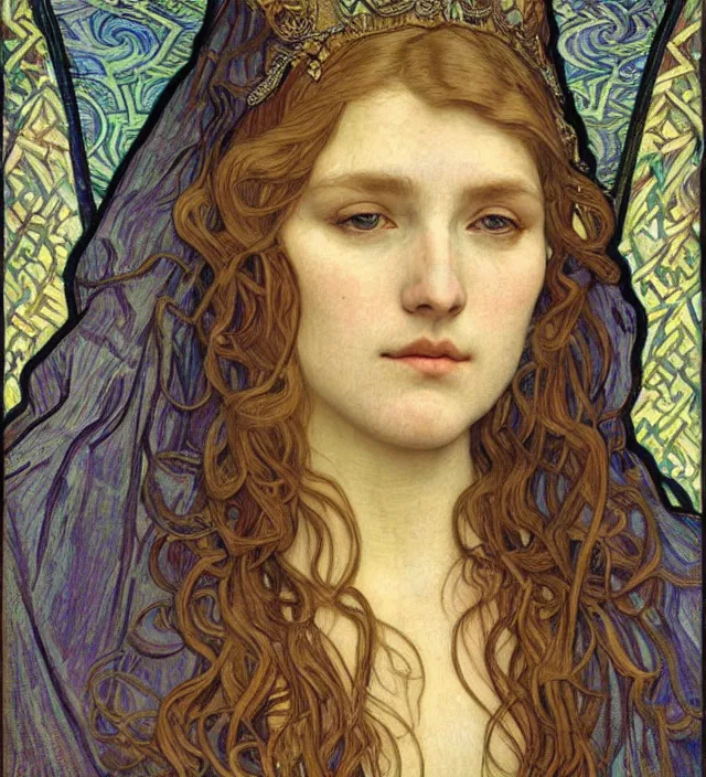 Image similar to detailed realistic beautiful young medieval queen face portrait by jean delville, alphonse mucha, vincent van gogh, and marco mazzoni, art nouveau, symbolist, visionary, gothic, pre - raphaelite