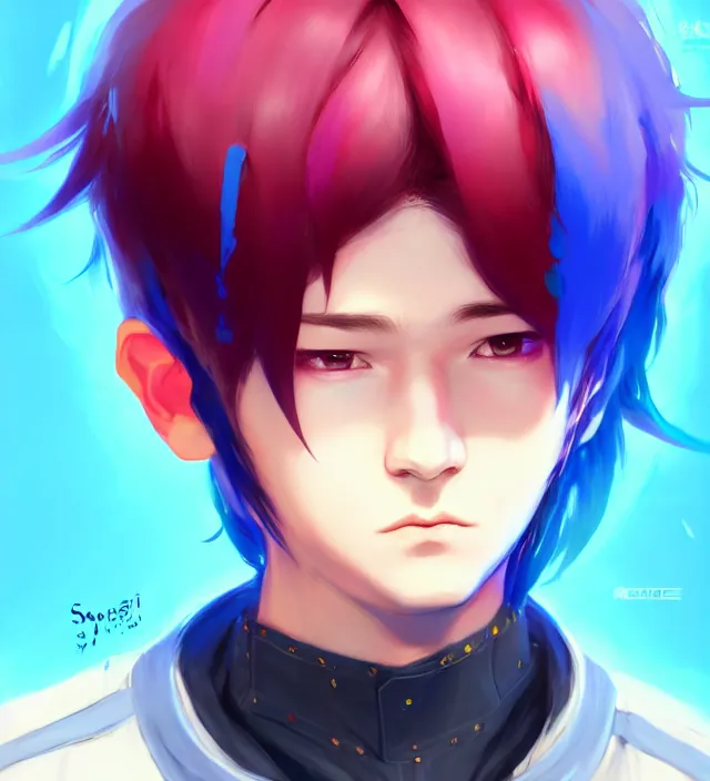 Image similar to character concept art of a cute young cyberpunk boy with colorful hair and collar | | cute - fine - face, pretty face, key visual, realistic shaded perfect face, fine details by stanley artgerm lau, wlop, rossdraws, james jean, andrei riabovitchev, marc simonetti, and sakimichan, trending on artstation