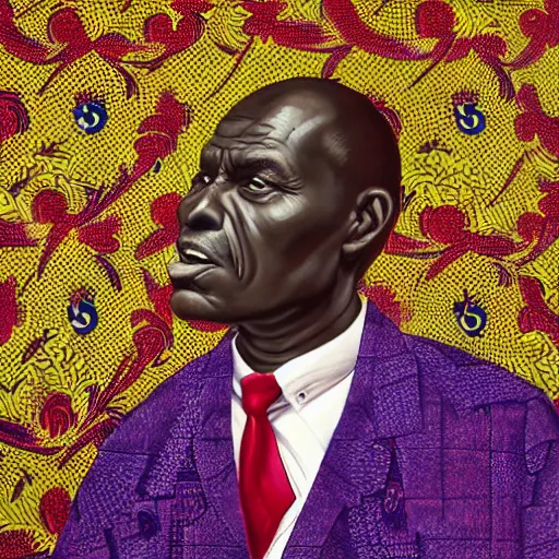 Prompt: a painting of a XXL Loving, caring, generous, ever-present, humble, wise elder from Kenya in a suit by Kehinde Wiley . Fatherly/daddy, focused, loving, leader, relaxed,. ethereal lights, details, smooth, sharp focus, illustration, realistic, cinematic, artstation, award winning, rgb , unreal engine, octane render, cinematic light, macro, depth of field, blur, red light and clouds from the back, highly detailed epic cinematic concept art CG render made in Maya, Blender and Photoshop, octane render, excellent composition, dynamic dramatic cinematic lighting, aesthetic, very inspirational, arthouse.