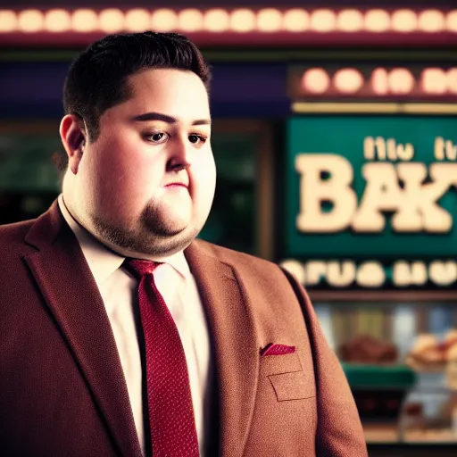 Image similar to Close up portrait of a chubby man wearing a brown suit and necktie with a bakery in the background. Photorealistic. Award winning. Dramatic lighting. Intricate details. UHD 8K. He looks about to cry.