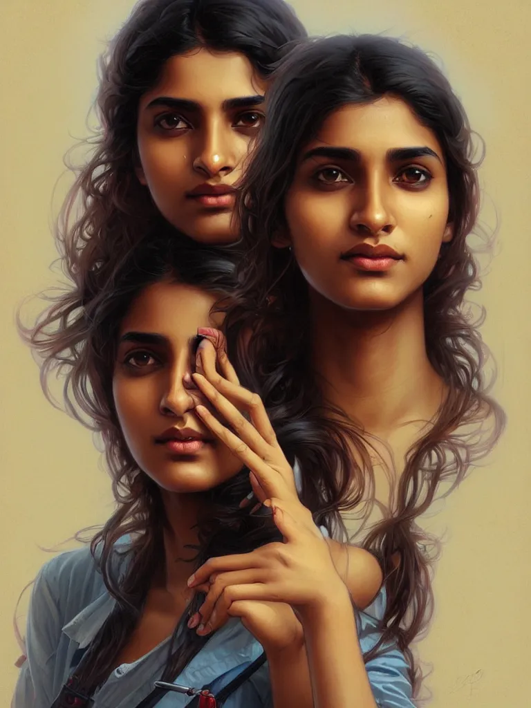 Image similar to Anxious pretty young Indian doctor wearing jeans leaving a plane, portrait, sci-fi face, elegant, highly detailed, digital painting, artstation, concept art, smooth, sharp focus, illustration, art by artgerm and greg rutkowski and alphonse mucha