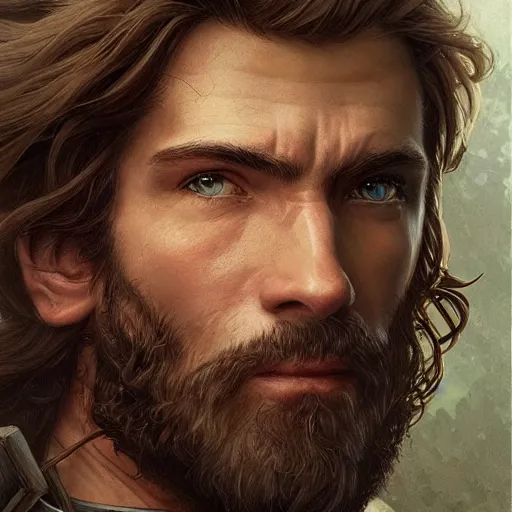 Image similar to portrait of a young, ruggedly handsome ranger, soft hair, muscular, half body, hairy, d & d, fantasy, intricate, elegant, highly detailed, digital painting, artstation, concept art, smooth, sharp focus, illustration, art by artgerm and greg rutkowski and alphonse mucha