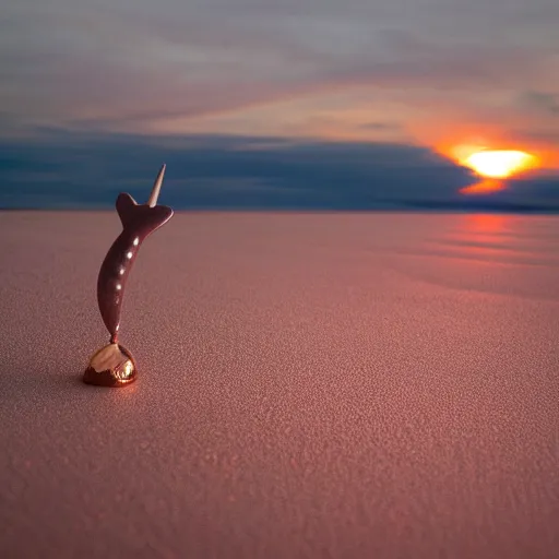 Prompt: narwhal plying at sunset, rose gold sand