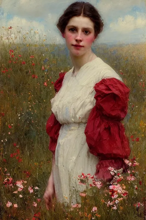 Image similar to Solomon Joseph Solomon and Richard Schmid and Jeremy Lipking victorian genre painting portrait painting of an elegant slim young cottagecore girl in an open field of flowers, red background