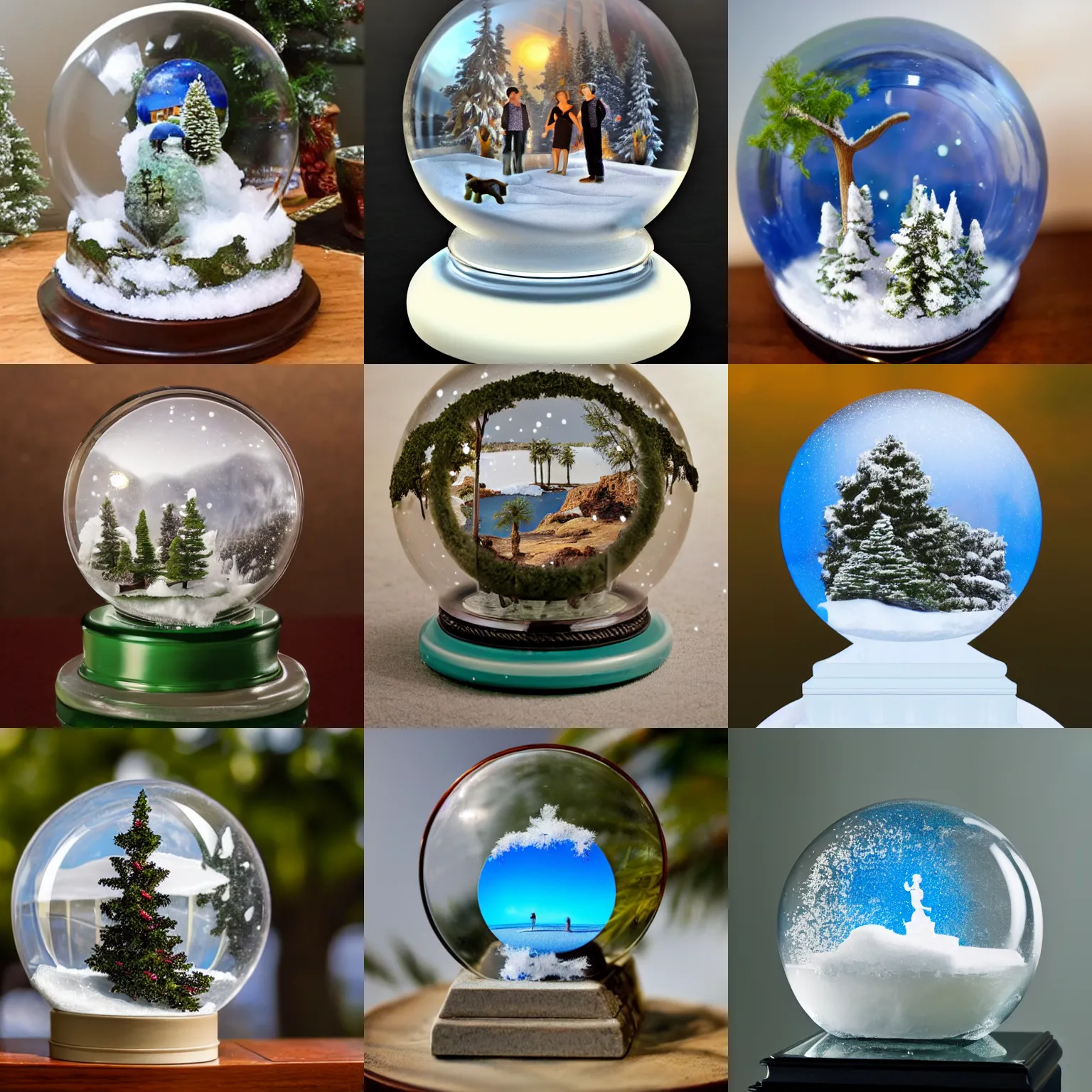 Prompt: on a pedestal, a snow globe containing an oasis