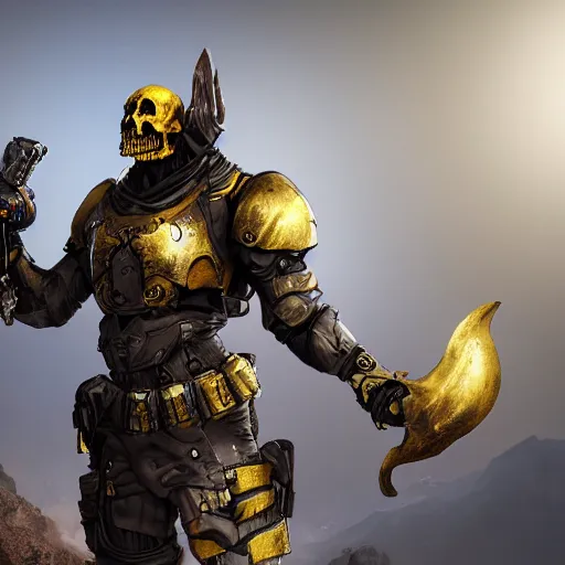 Prompt: a golden skull face triceratops warrior, by adi granov, apex legends character portrait, hero pose, cinematic lighting, highly detailed, wide angle dynamic action portrait, digital illustration, rendered in unreal engine 5.