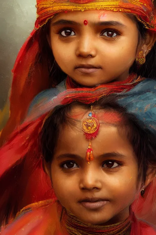 Image similar to hindu little girl, joyful, close - up portrait, intricate, elegant, volumetric lighting, scenery, digital painting, highly detailed, artstation, sharp focus, illustration, concept art, ruan jia, steve mccurry