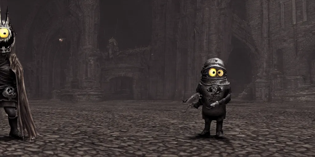 Image similar to minion as a darksouls boss, horror, hd, screenshot,